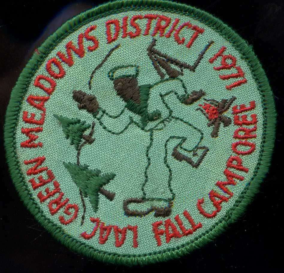 Round embroidered patch reading Green Meadows District, 1971 Fall Camporee